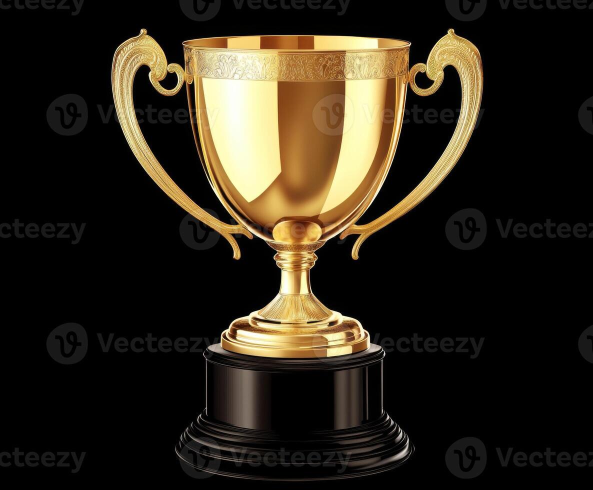 Golden trophy on a black pedestal shines brightly in a spotlight photo