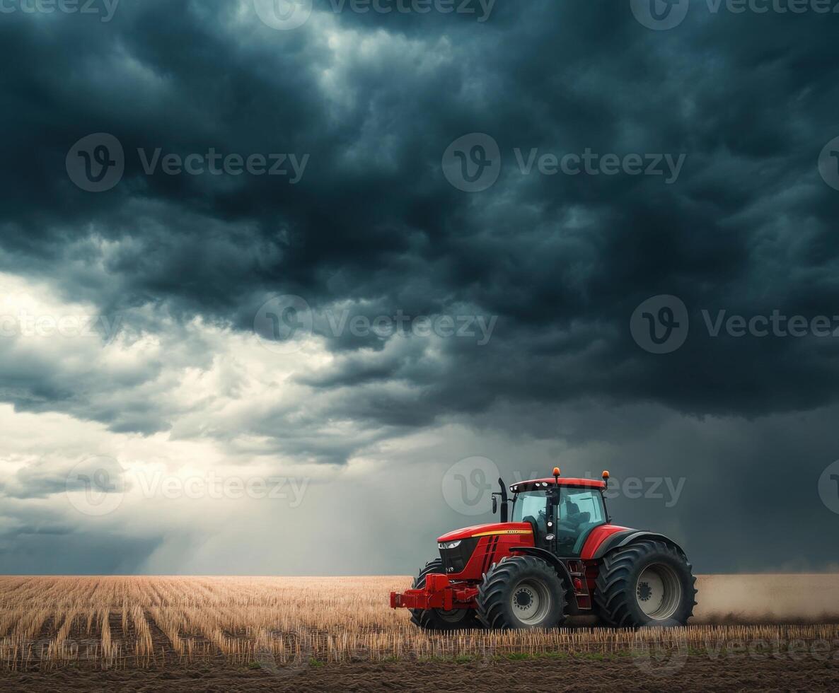 Farm tractor in a field under dark storm clouds preparing for the impending rain photo