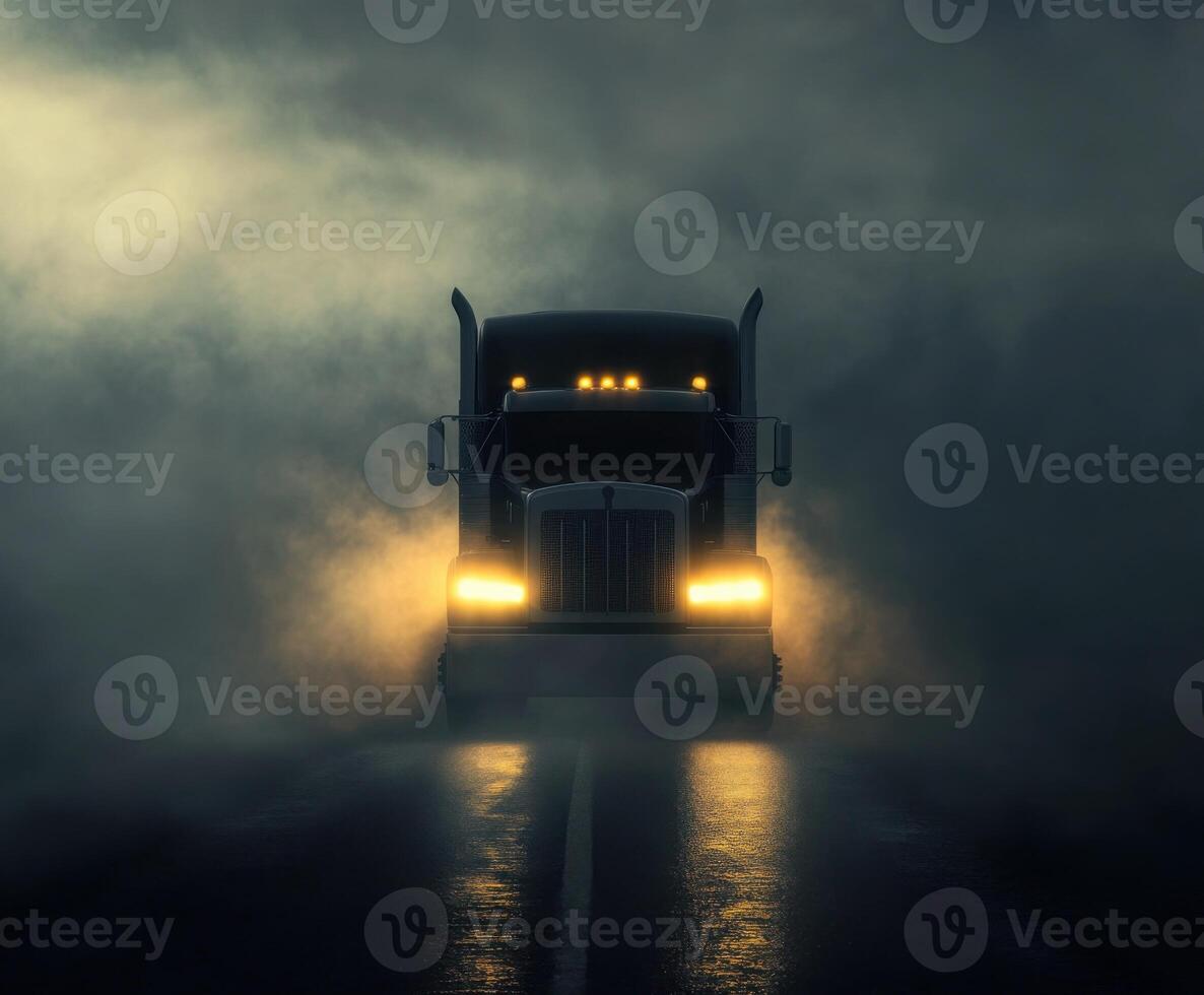 Truck navigating through thick fog on a dark road at night with glowing headlights and ominous atmosphere photo