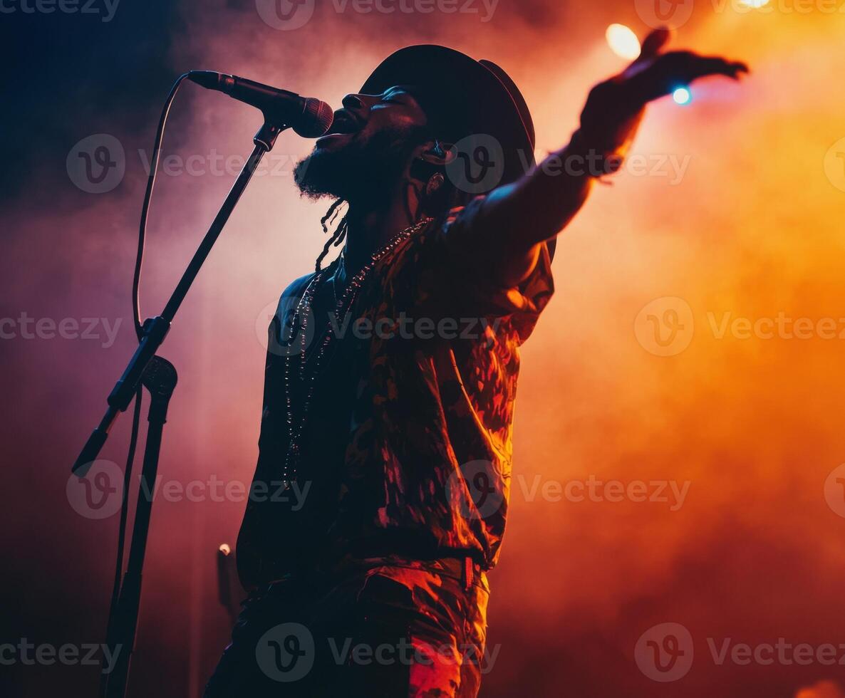 Energetic live performance by a musician on stage with vibrant lighting in an indoor venue photo