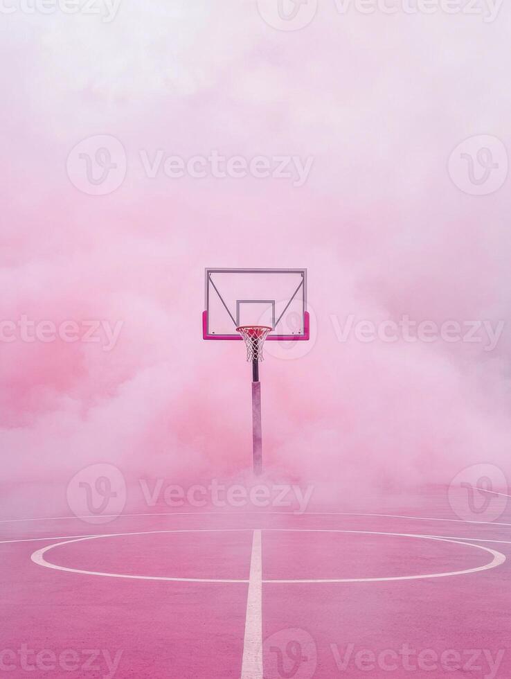 Pink basketball court enveloped in colorful fog creates a surreal atmosphere for play and creativity photo