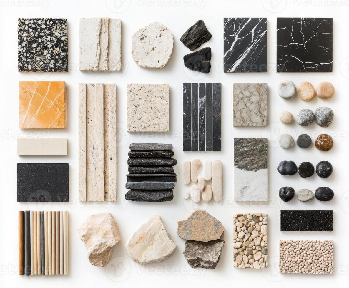 Collection of various stone and tile samples showcasing diverse textures and colors for design inspiration photo