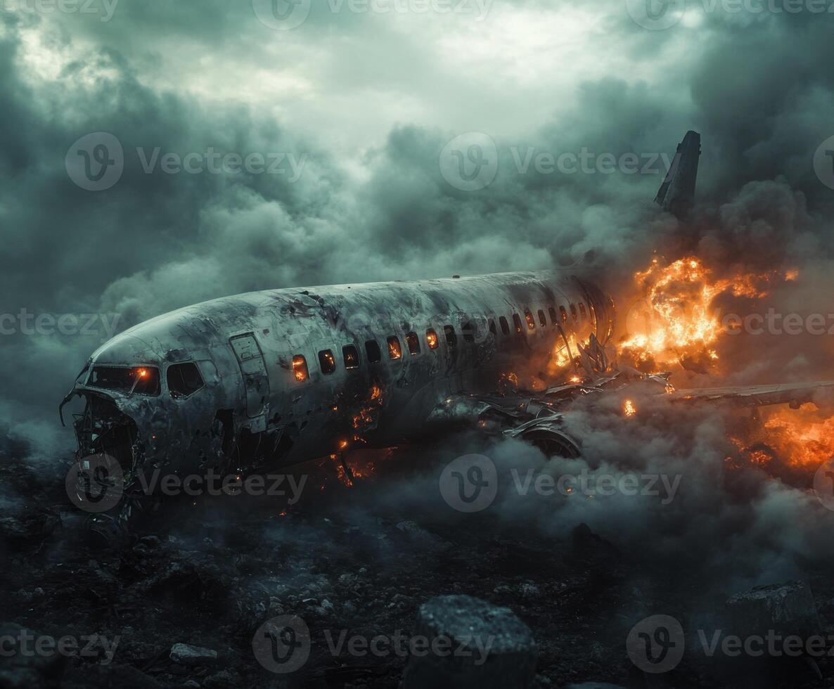 Crashed airplane in a smoky environment with flames visible in a post-apocalyptic setting photo