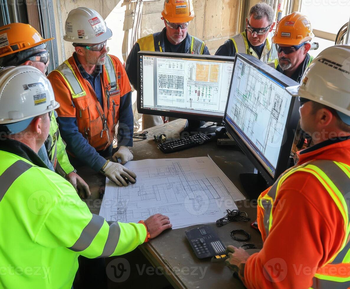 Construction workers review blueprints at a job site during the day with multiple monitors displaying plans photo