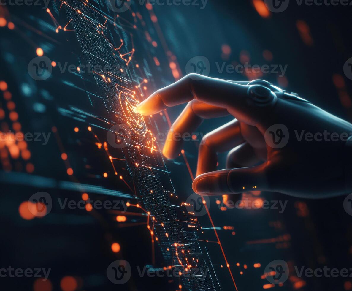 Futuristic hand interacting with glowing digital interface in a high-tech environment during a creative session photo