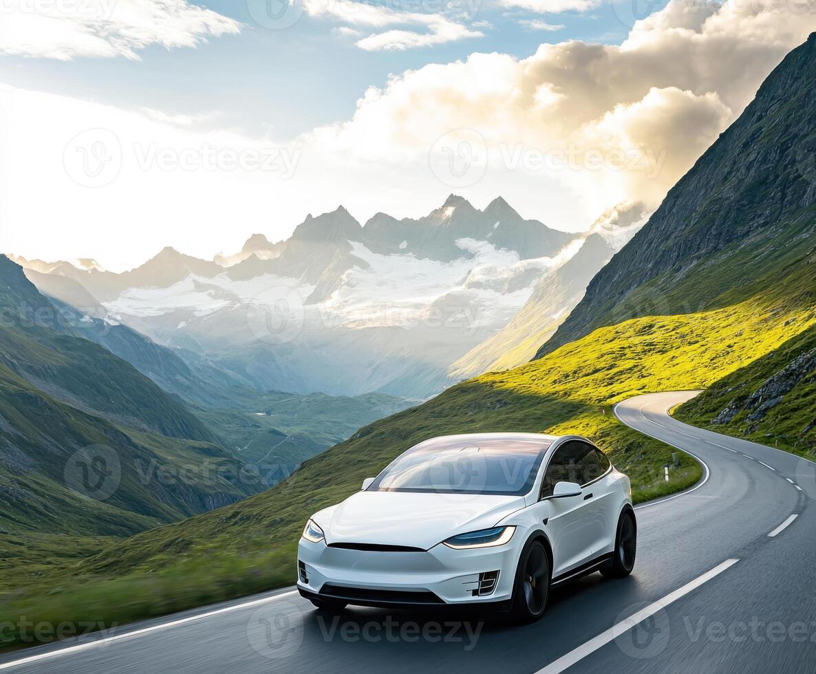 Scenic drive in a white electric car along a winding mountain road under a vibrant sky photo