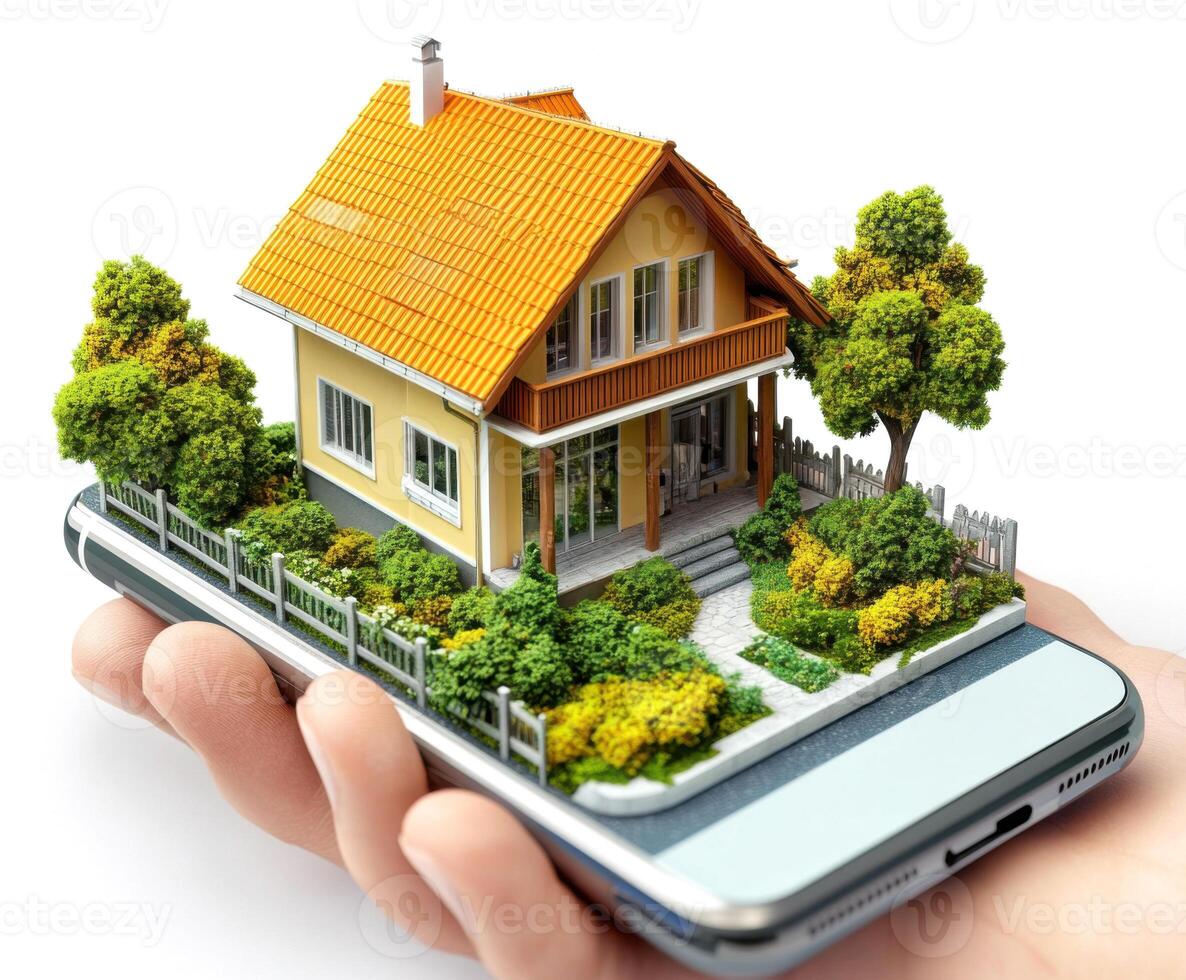 Hand holds smartphone displaying miniature house with garden and trees in vibrant colors photo
