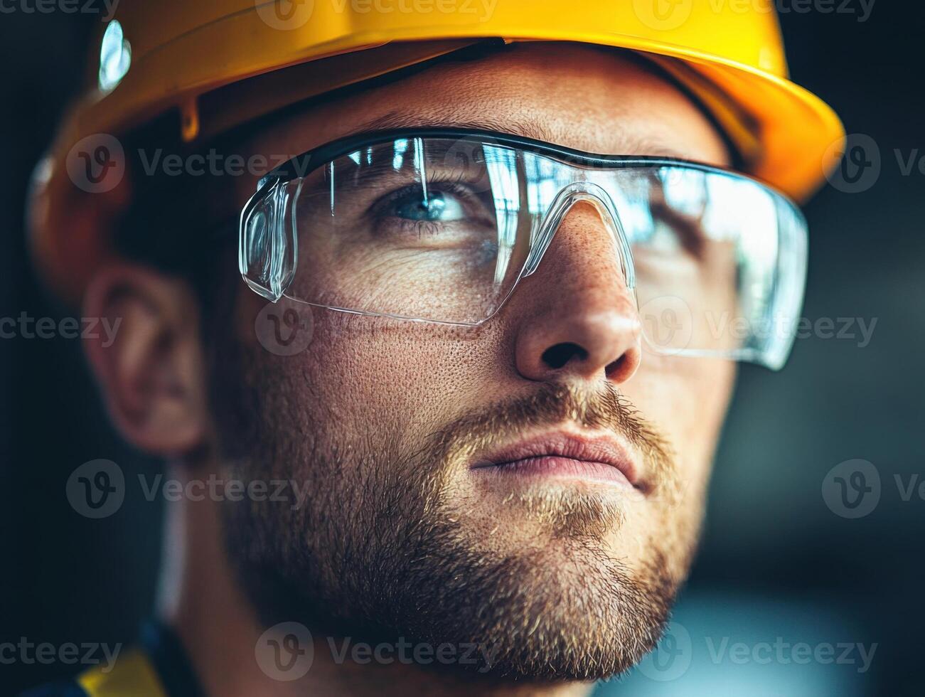 Construction worker in safety gear focused on task at a building site during the day photo