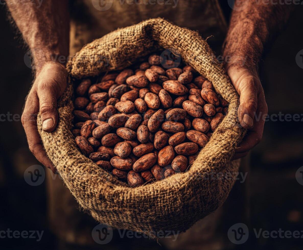 Hands hold a burlap sack filled with harvested cocoa beans ready for processing in a rustic setting photo