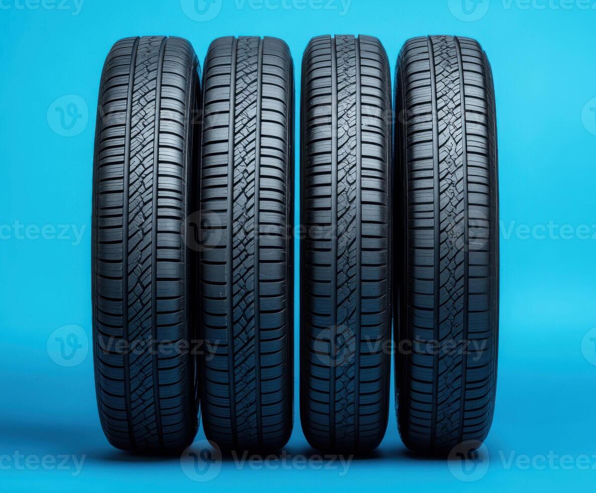 Quality tires arranged in a row on a blue background showcasing their tread patterns and structure photo