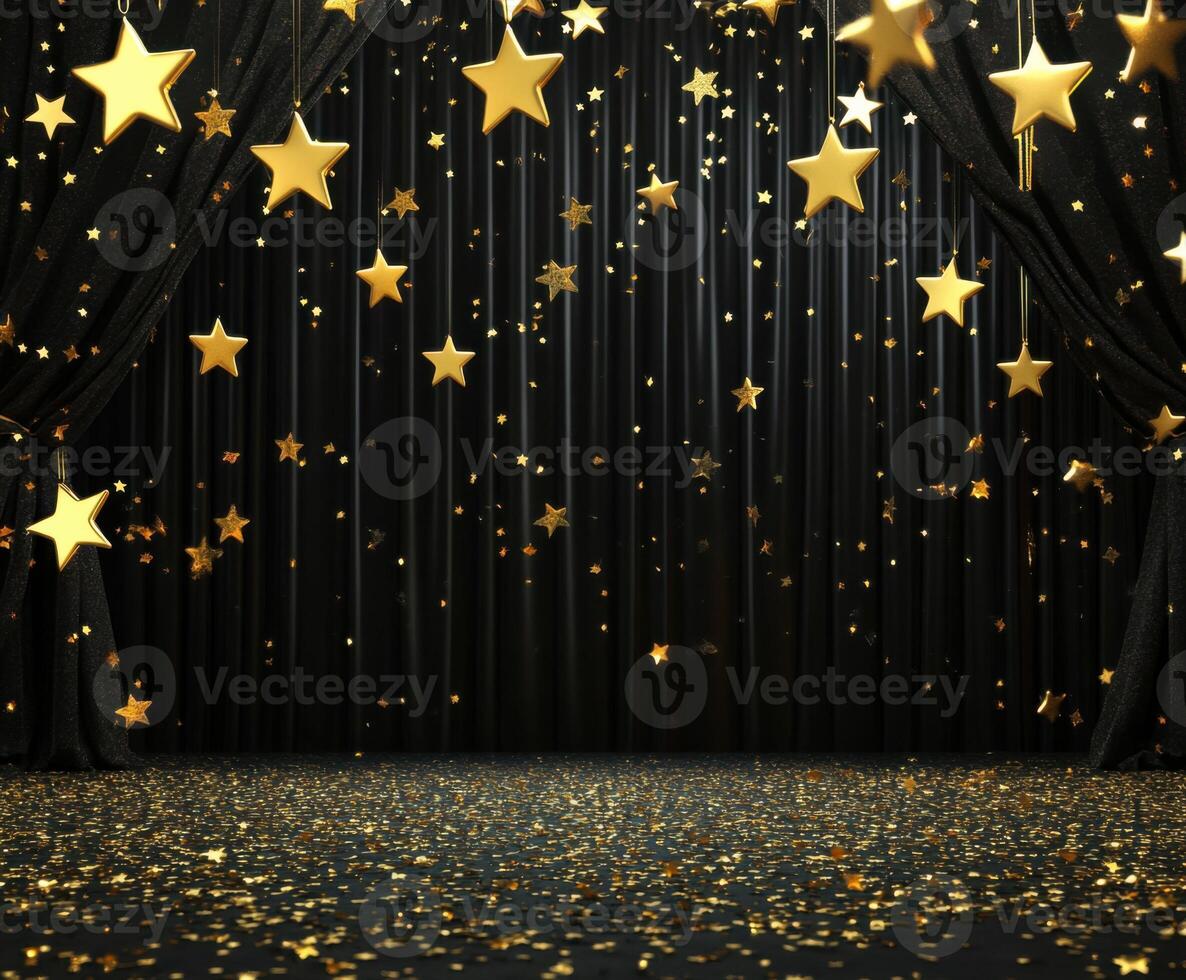 Golden stars hang in a theatrical setting with a black curtain and sparkling floor, creating a festive atmosphere for an event photo