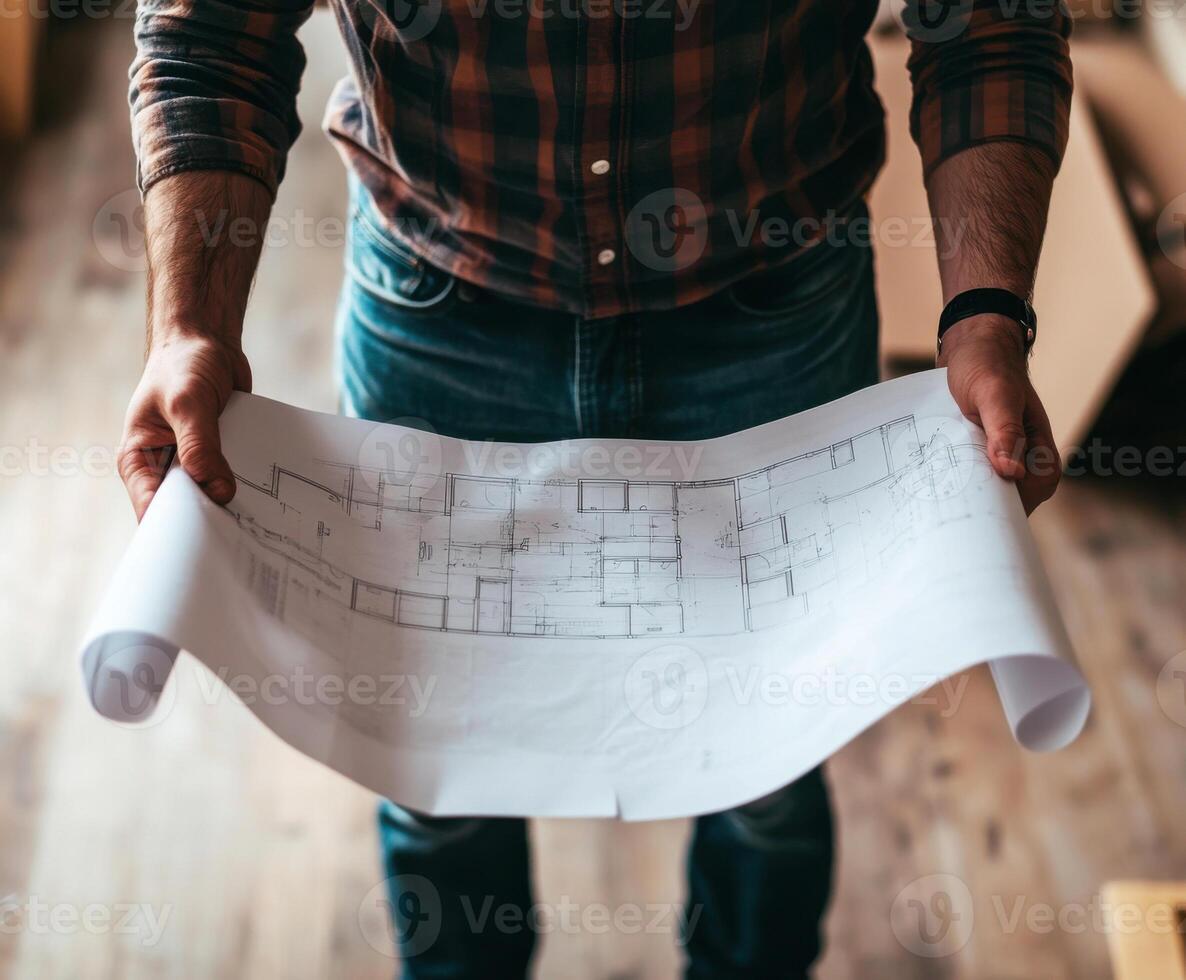 Person holding architectural plans in a cozy workspace during daylight hours while planning a construction project photo
