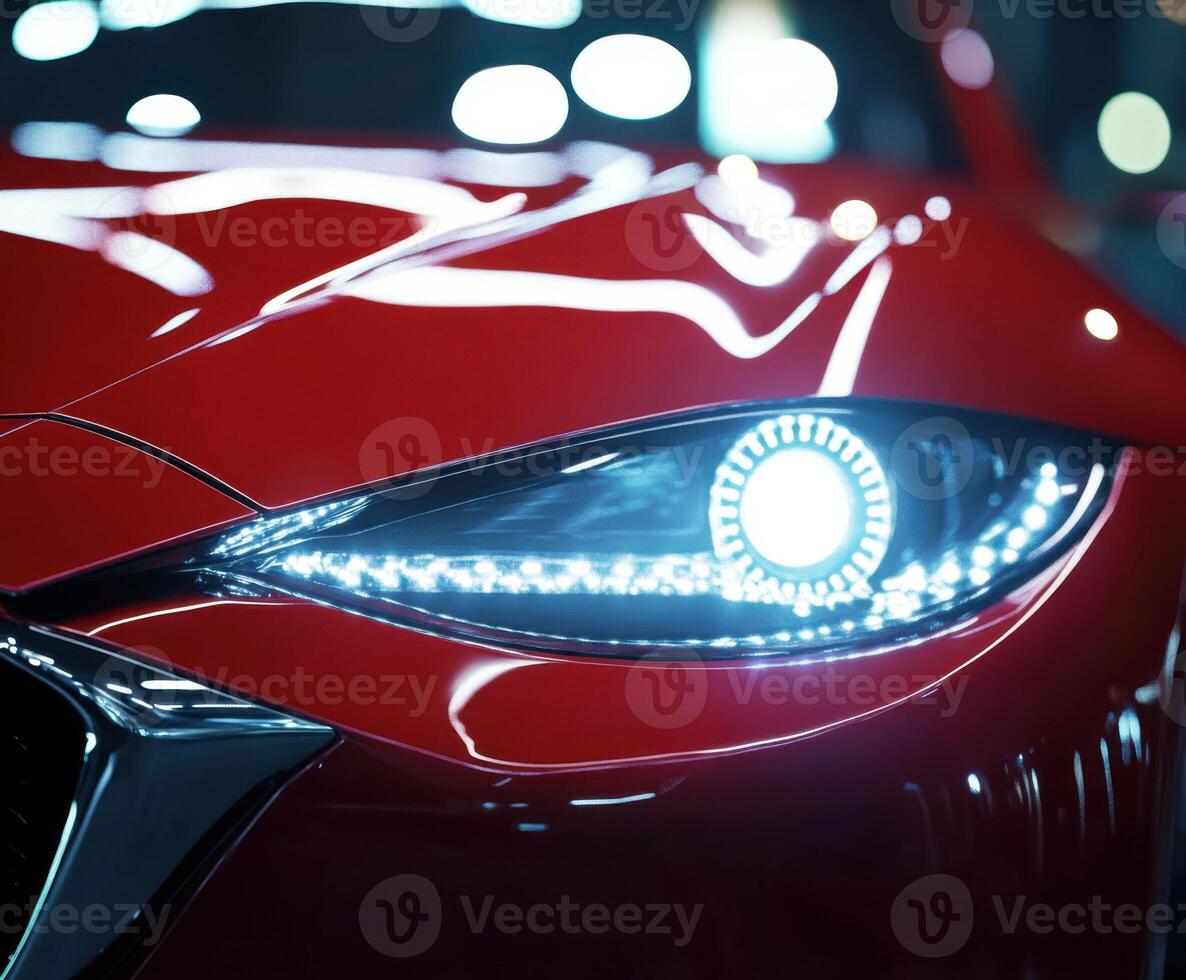 Close-up view of a sleek red sports car with illuminated headlights showcasing modern design features photo