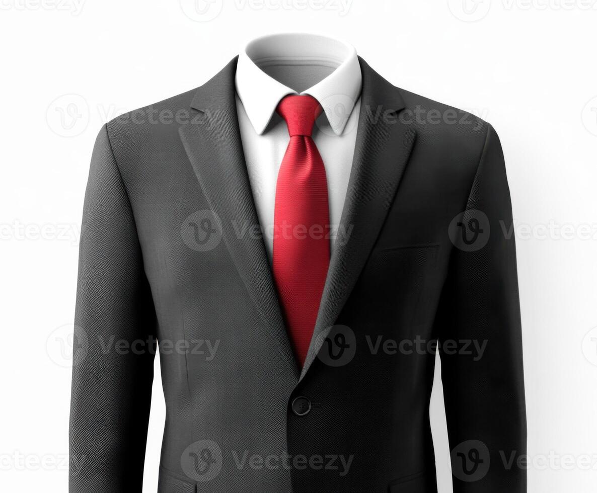 Stylish black suit with red tie appearing headless against plain background photo