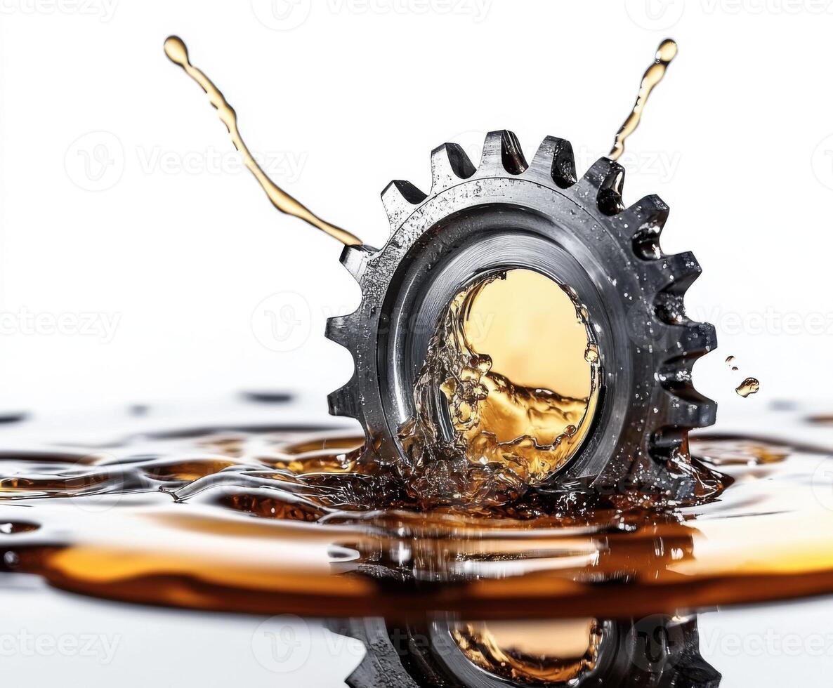 Gear splashing into liquid creates dynamic scene of mechanical interaction and fluid dynamics in a studio setting photo