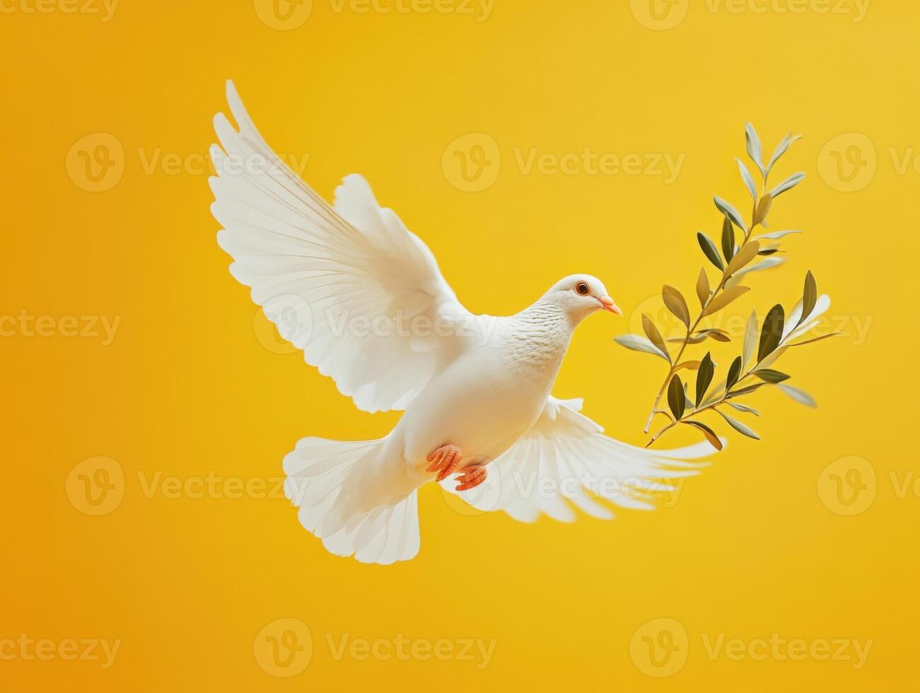 White dove soaring through the air with an olive branch against a vibrant yellow background photo