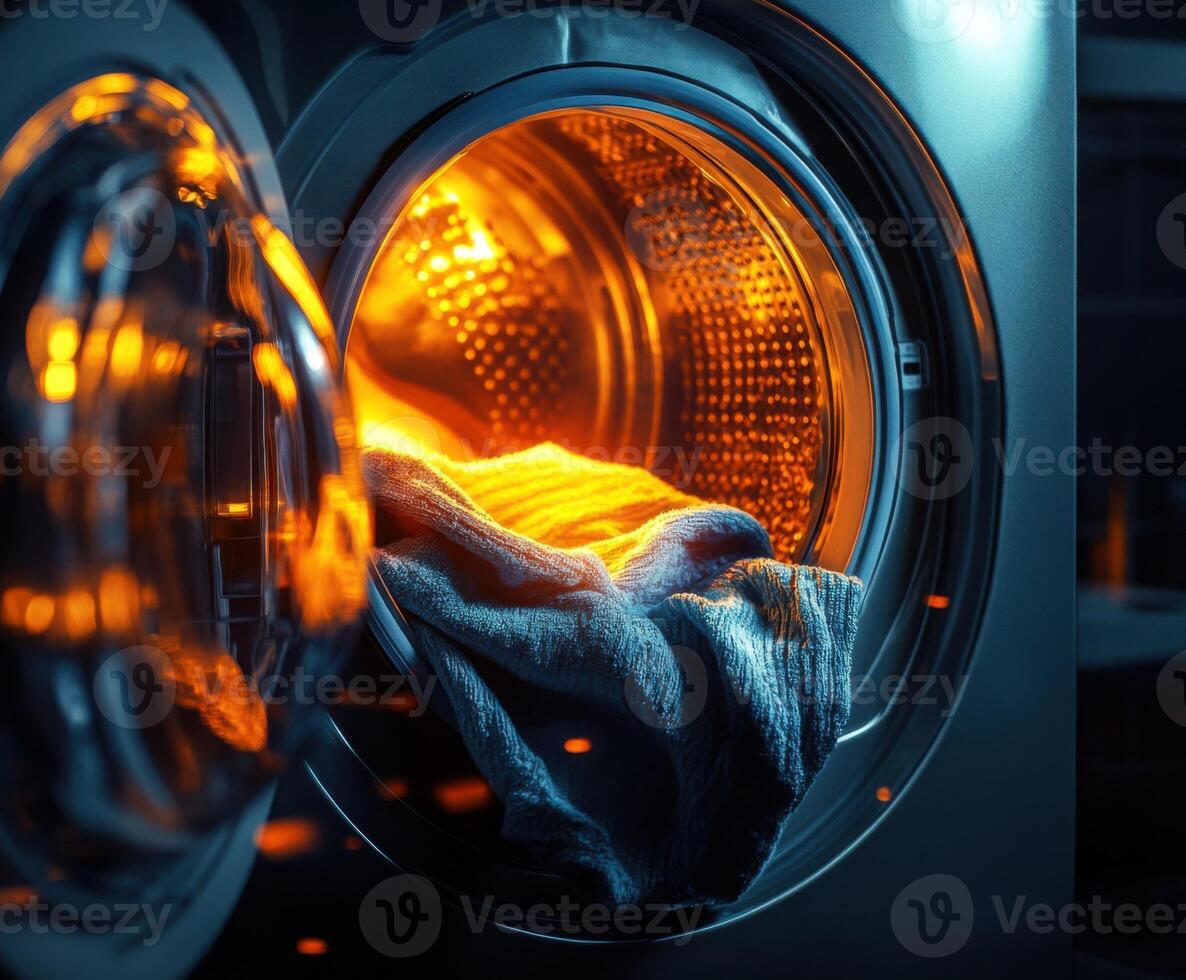 Warm laundry drying in a modern washing machine during evening hours at a cozy home photo