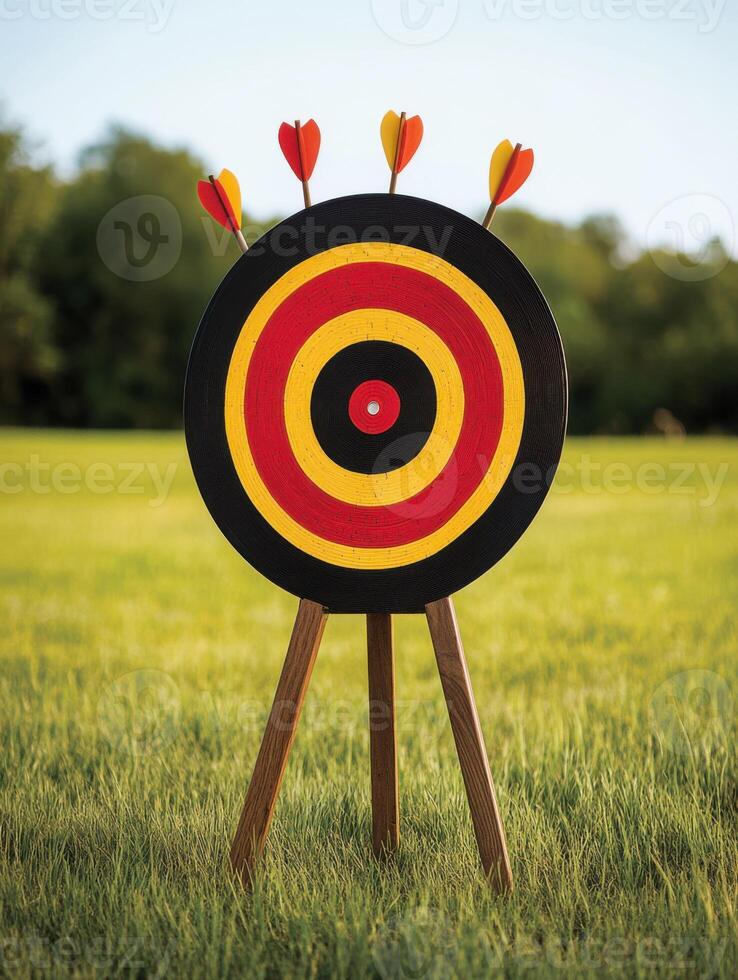 Archery target with arrows in a green field during daylight displays sport and precision skills for enthusiasts and beginners alike photo