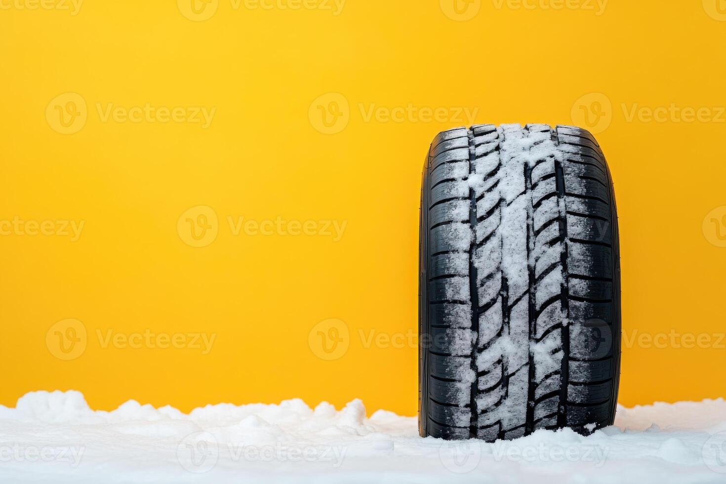 Snow-covered tire against a vibrant yellow background showcasing winter conditions and seasonal changes photo