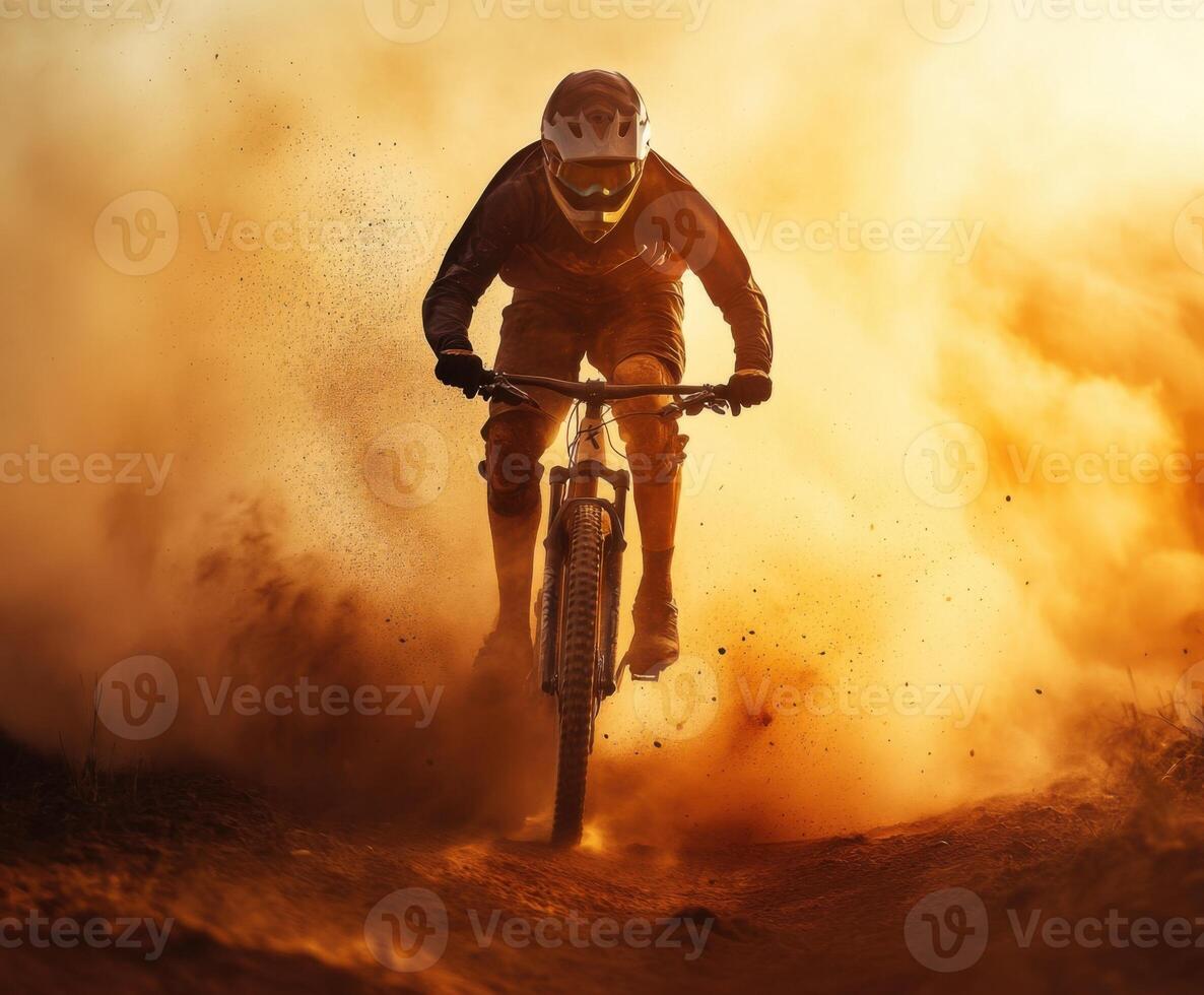Mountain biker maneuvers skillfully through a cloud of dust during an intense ride at sunset photo