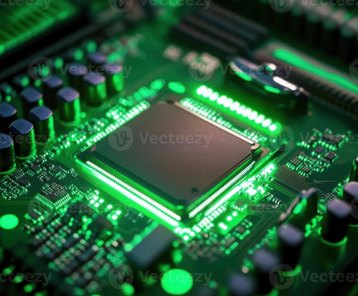 Close-up view of a glowing microprocessor on a circuit board showcasing intricate details and technology photo