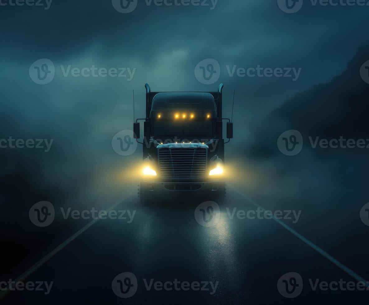 Dark and stormy journey of a truck on a winding road at night with fog and rain photo