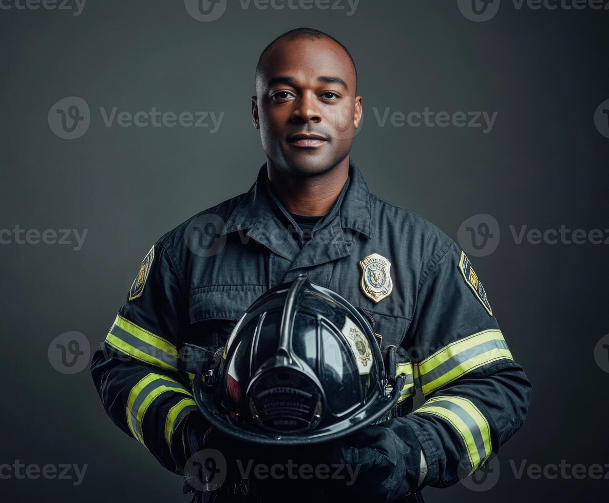 Firefighter poses confidently with helmet in dark studio background highlighting dedication to service and bravery photo
