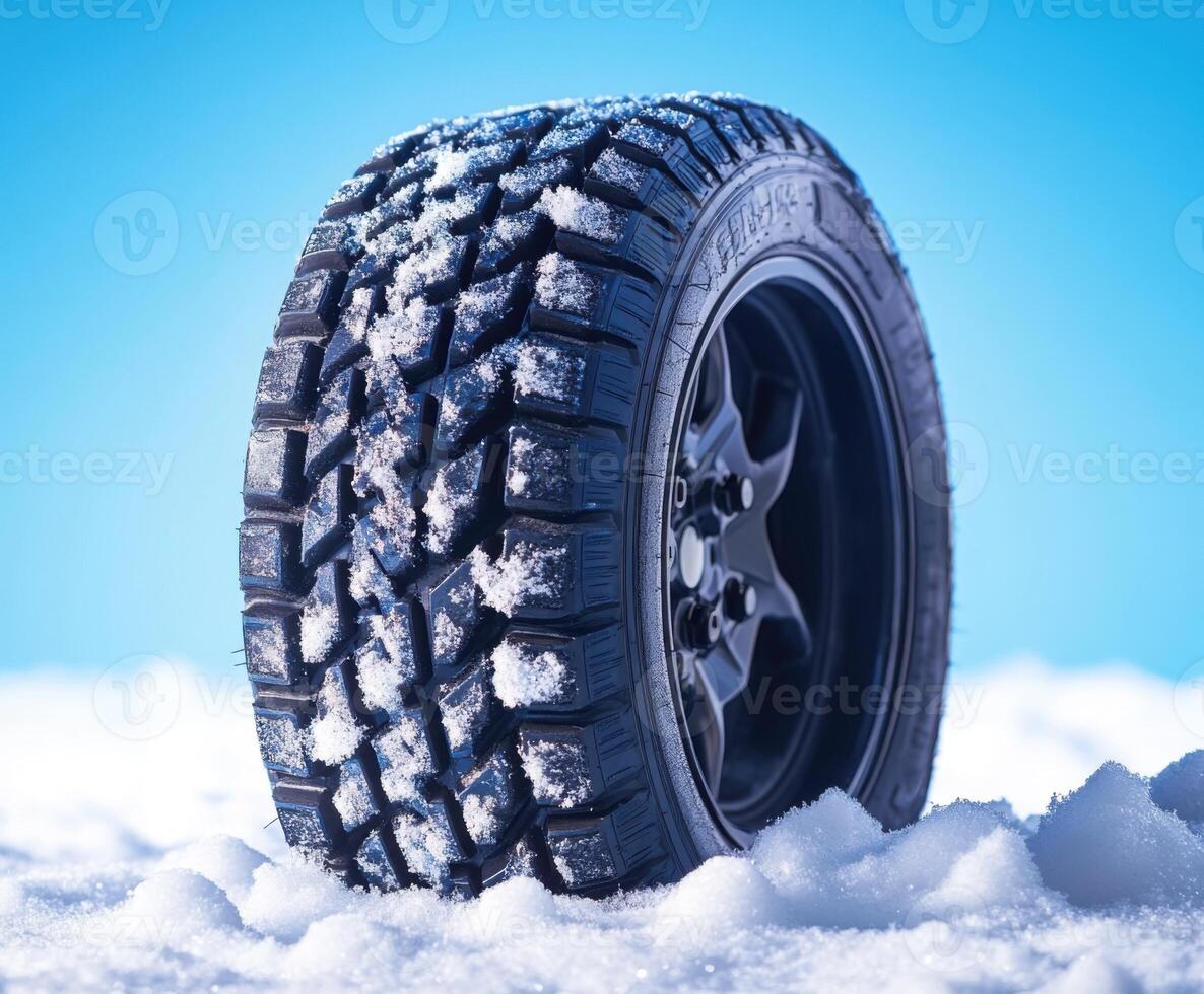 Winter tire resting on snow with blue sky backdrop in a clear and bright environment photo
