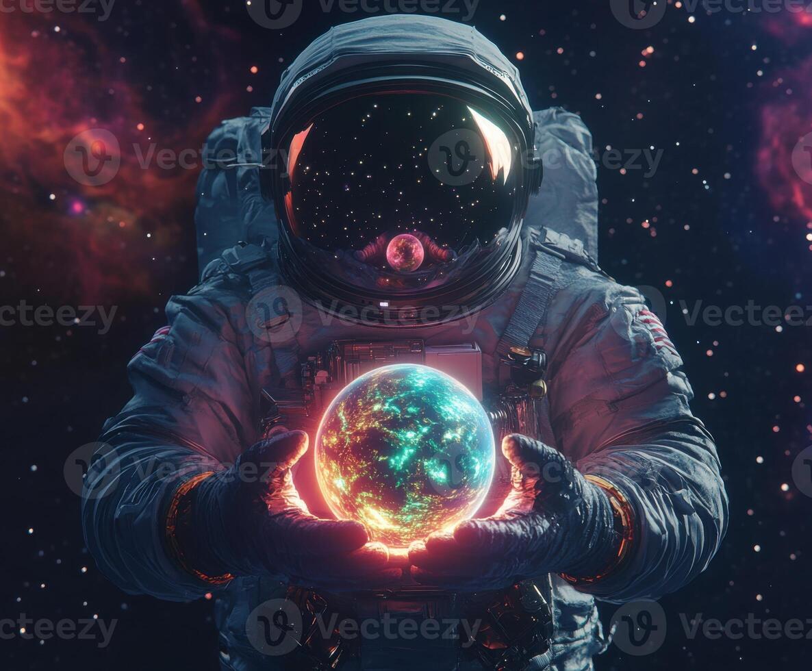 Astronaut holds glowing planet in a vibrant cosmic landscape filled with stars and nebulae photo