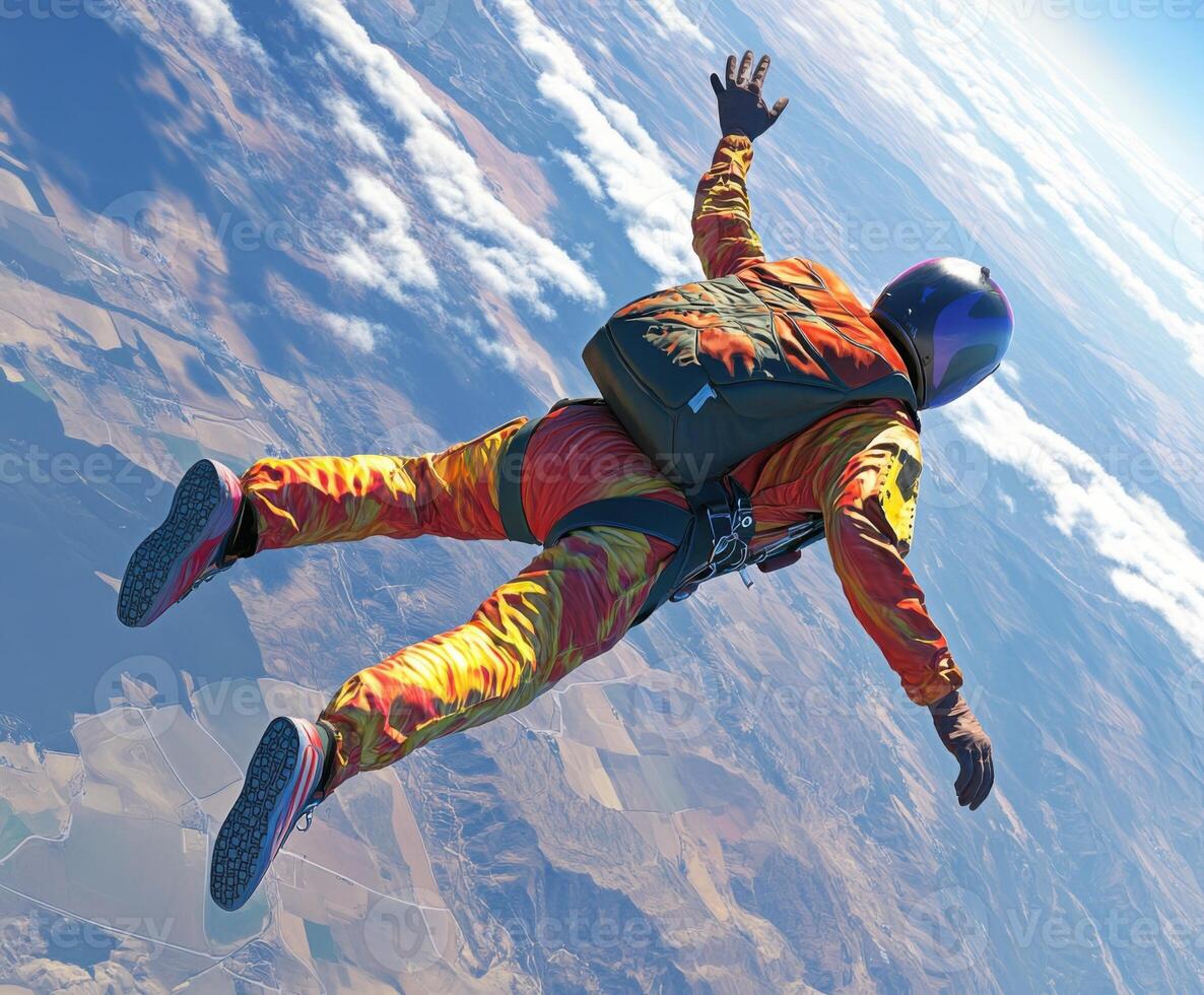 Skydiver performs a thrilling jump over expansive landscapes during a sunny day in the mountains photo