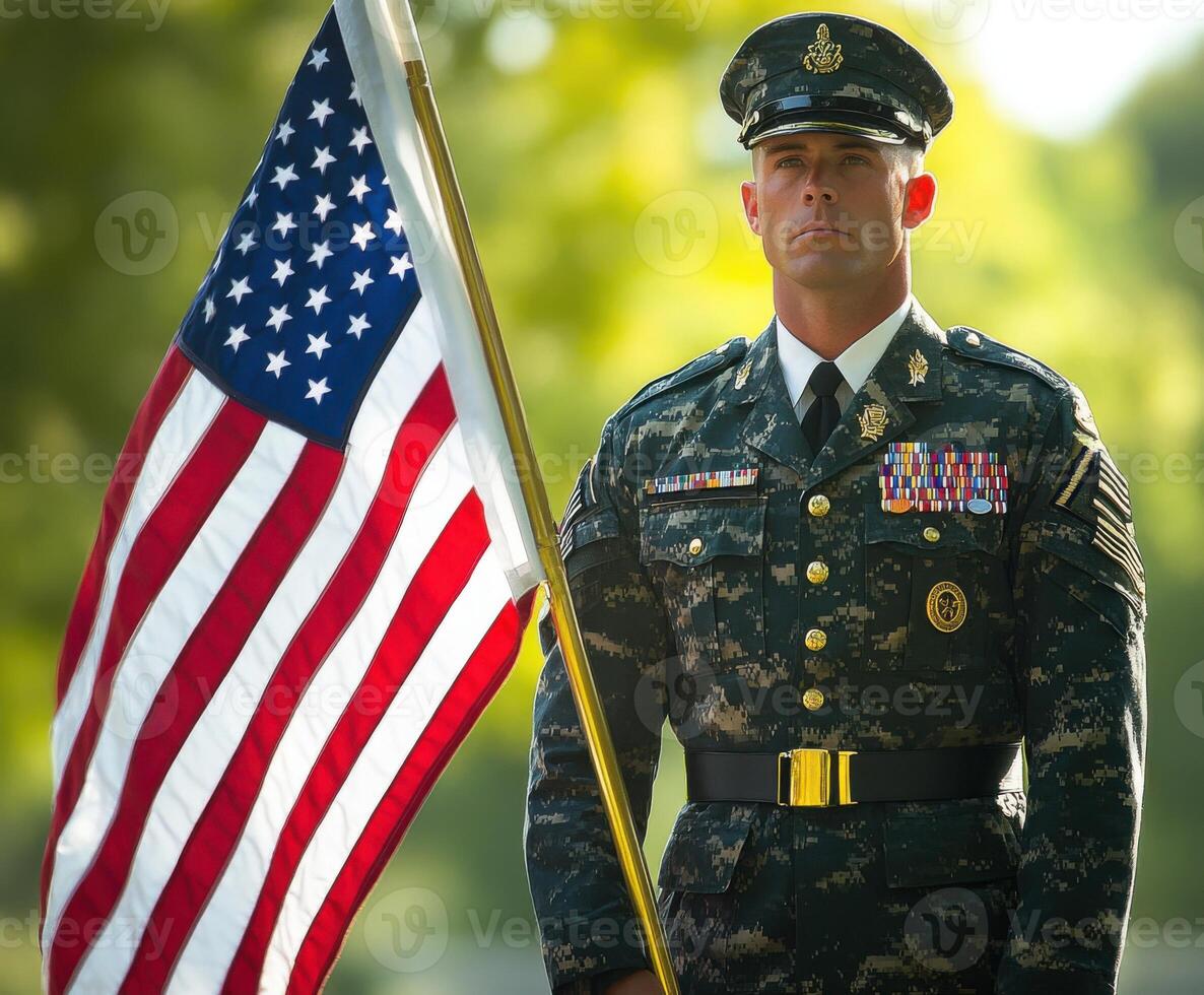 Serviceman standing proudly with American flag during ceremony in bright daylight photo