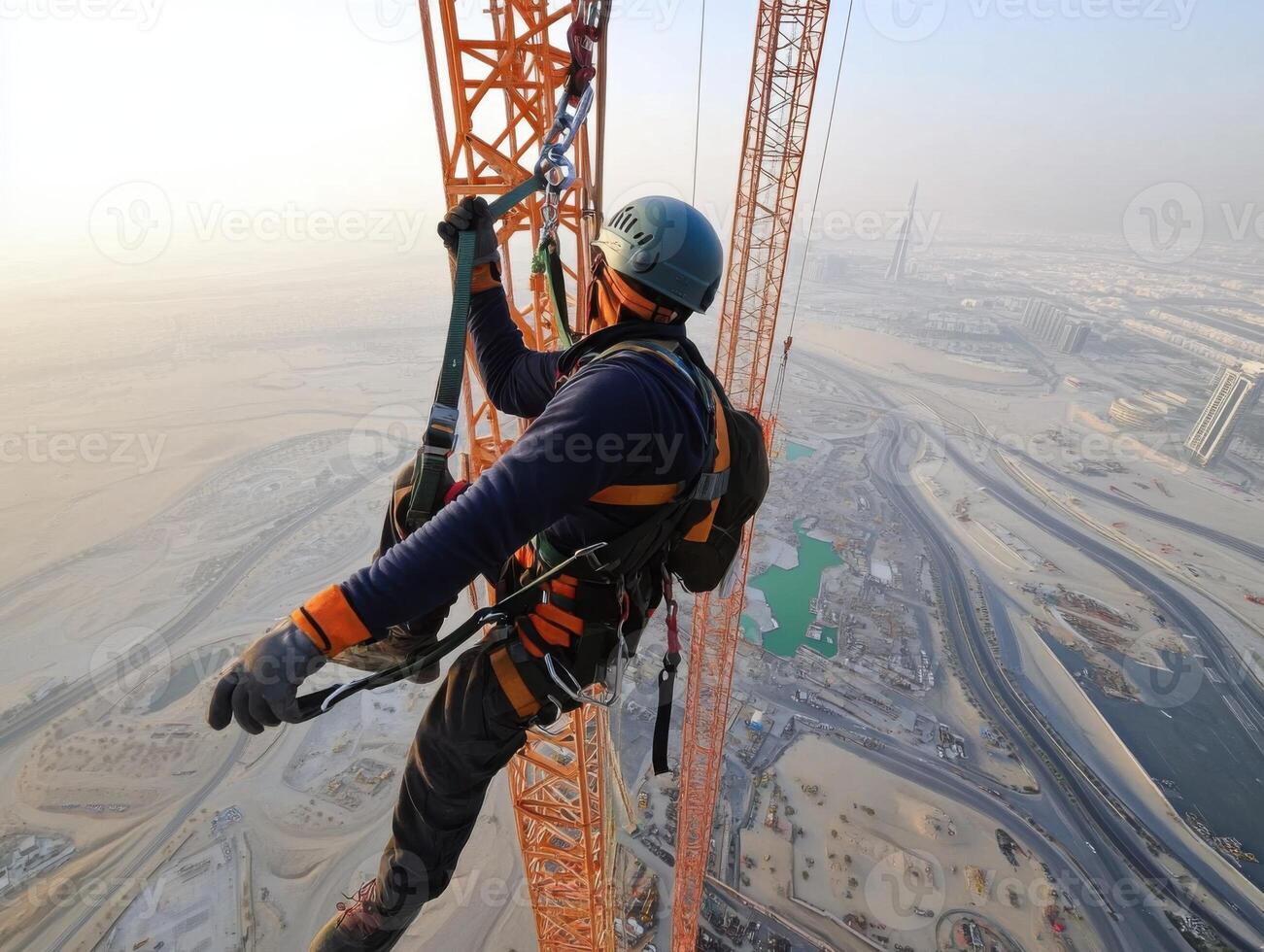 High-altitude construction worker safely descending a tower in a desert city during sunset photo