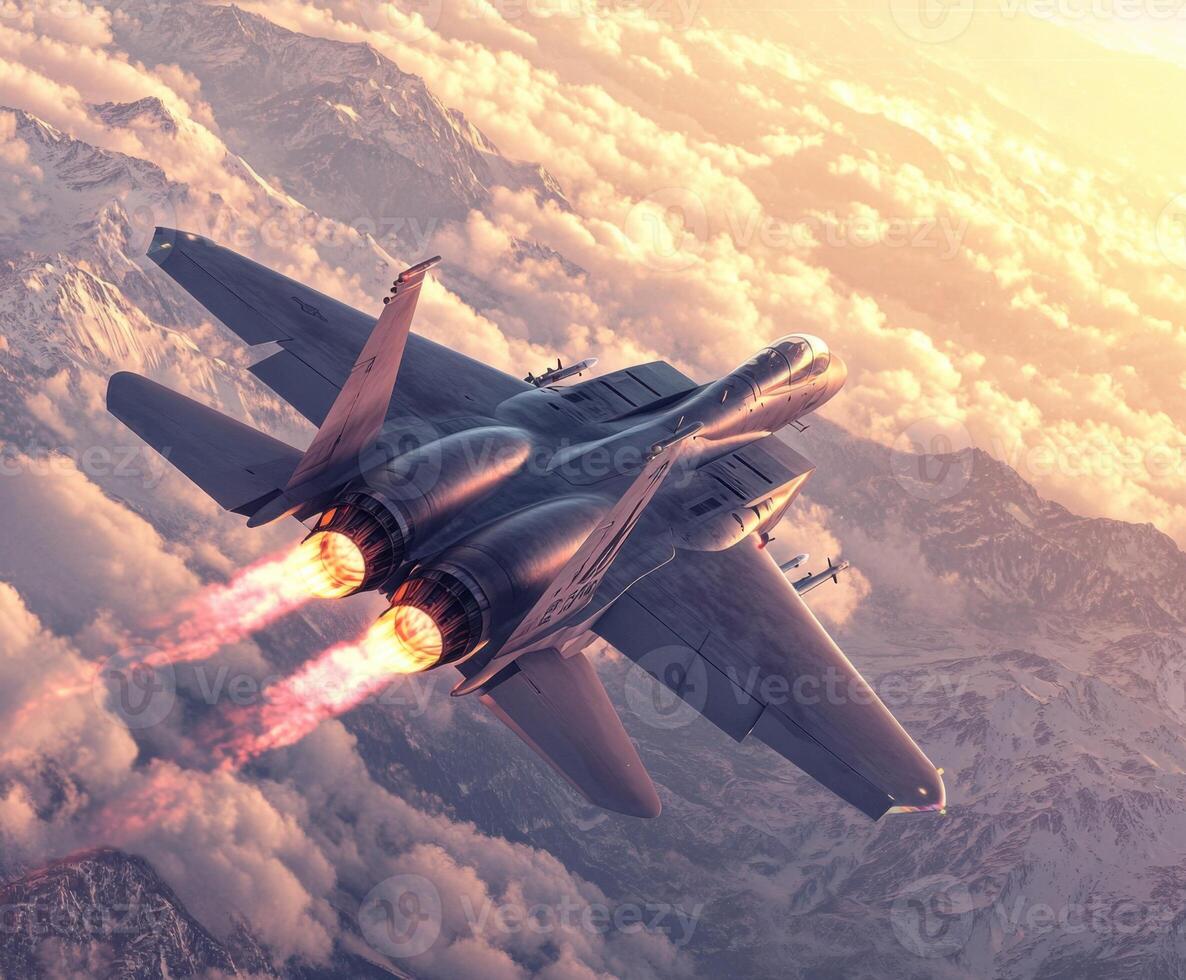 Modern jet fighter soaring above snow-capped mountains during sunset with vibrant exhaust flames trailing photo