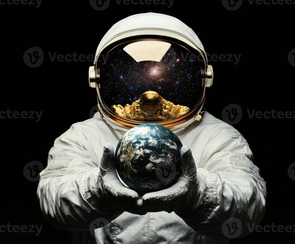 Astronaut holding Earth while observing the cosmos in a space suit with a reflective visor photo