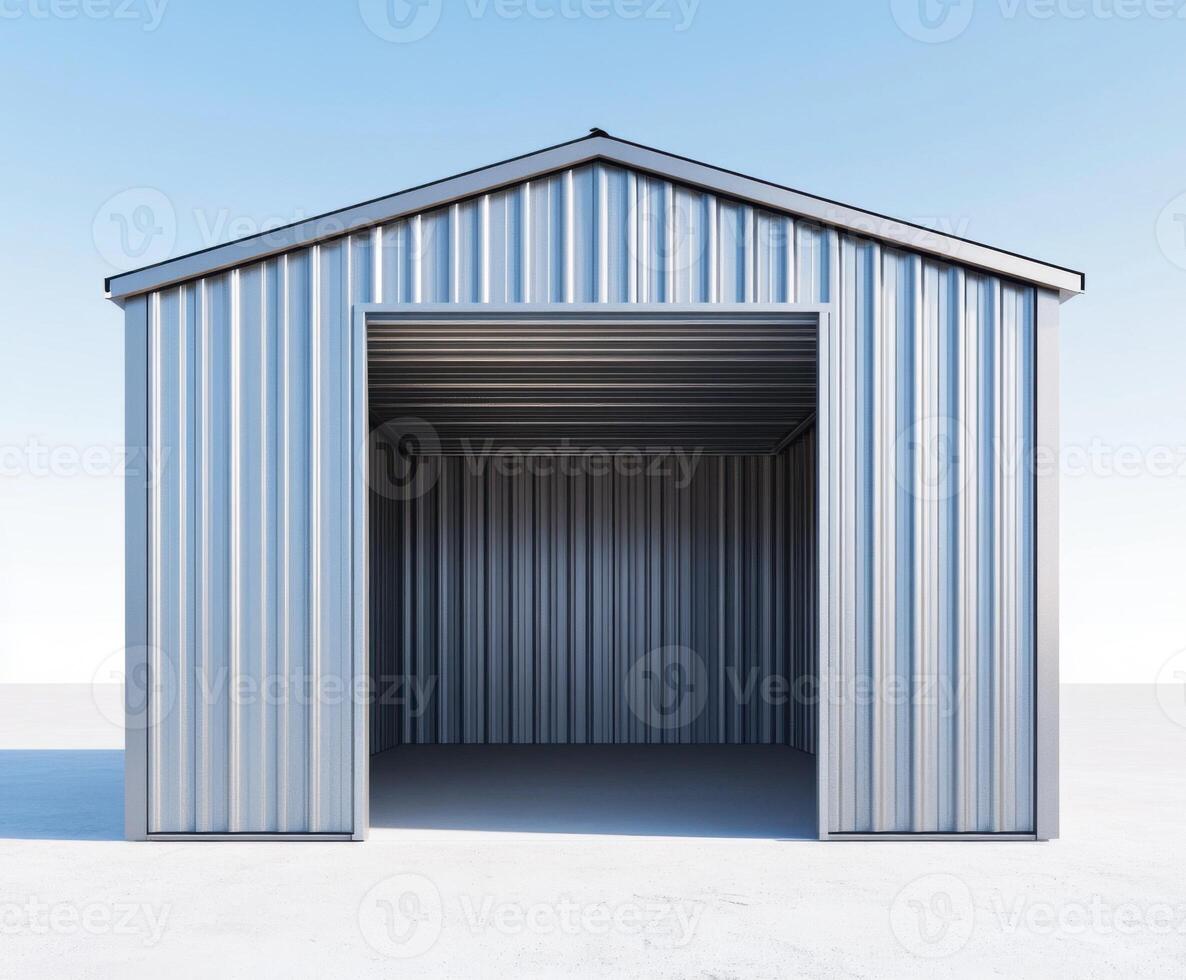 Metal storage building with open front in bright daylight, suitable for various outdoor uses photo