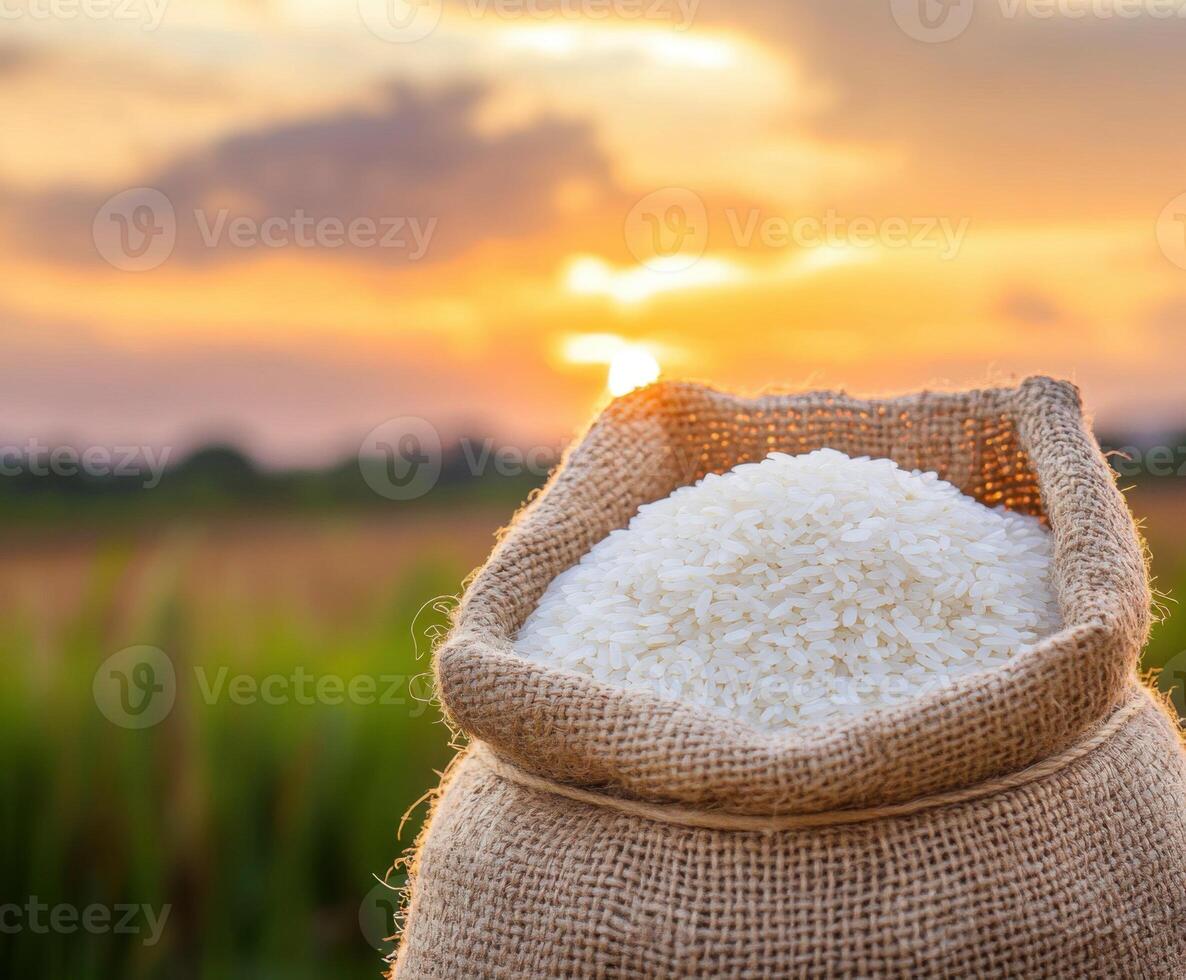 Rice sack rests in a golden field during a vibrant sunset close to harvest time photo