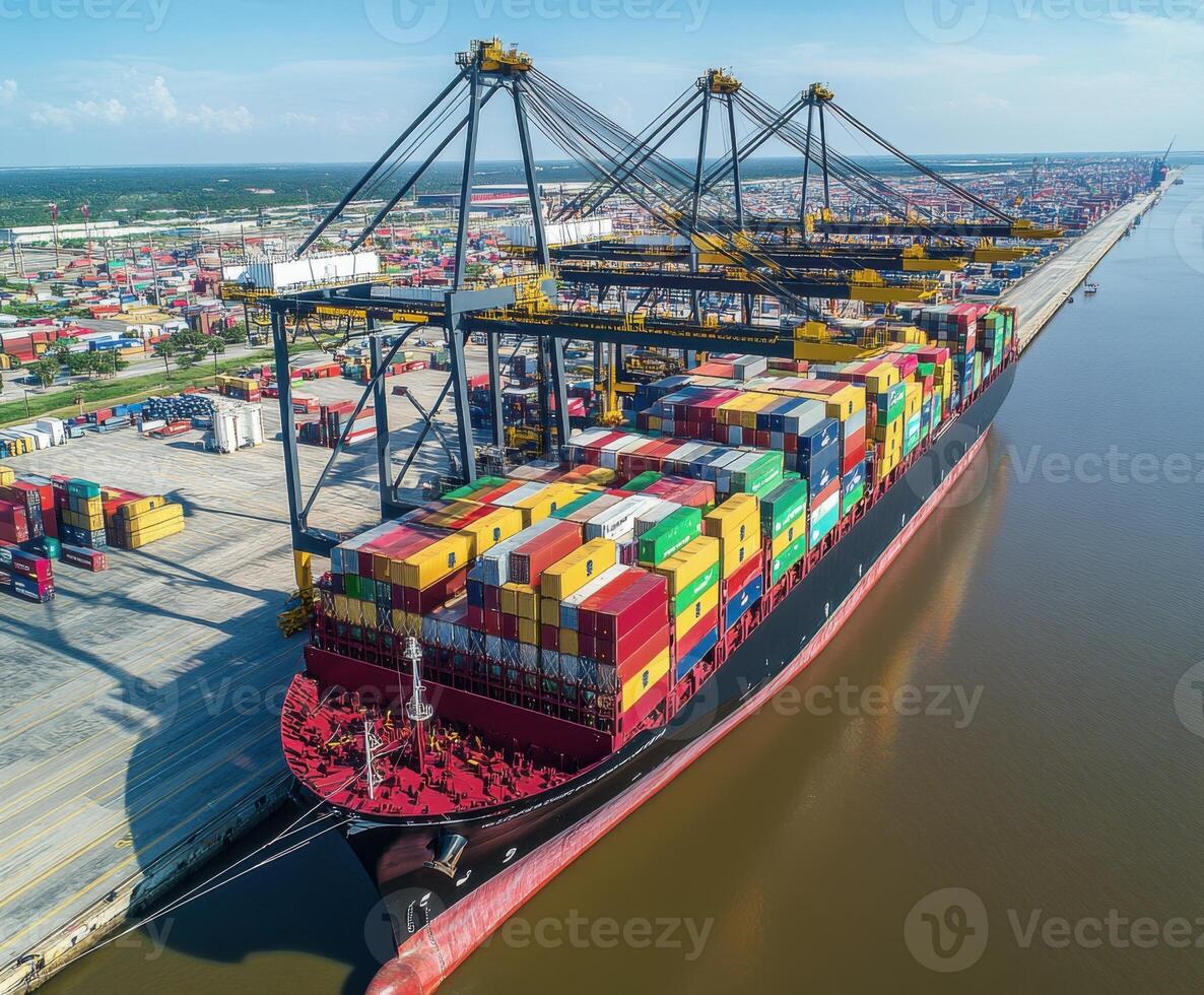 Container ship docked at the busy port during a clear day with numerous shipping containers stacked high photo