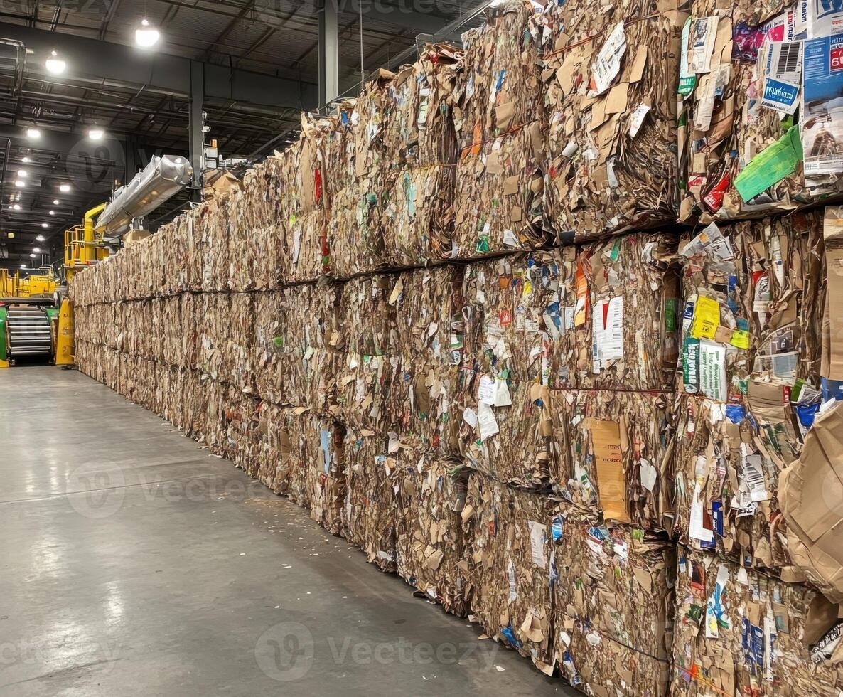 Large bales of recycled paper stacked in a processing facility for sorting and repurposing photo