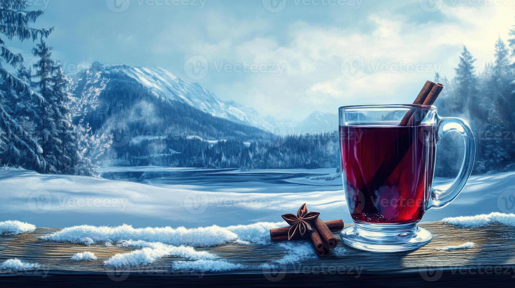 Warm beverage with cinnamon sticks against a snowy mountain backdrop during winter season in a serene landscape photo