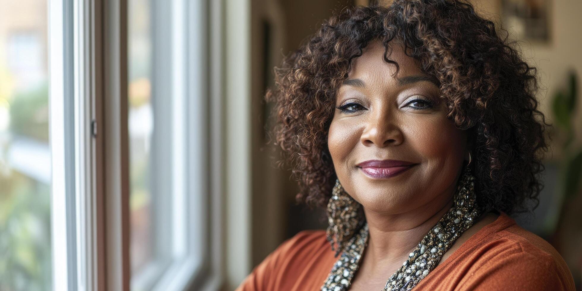 a happy, middle aged black woman with curly hair, wearing casual, standing by a window in a home office, looking into the camera and smiling photo