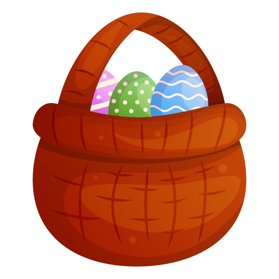 Basket with easter eggs isolated on white. Cartoon easter elements illustration. vector