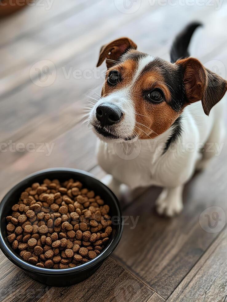 Cute jack russell terrier looking at its bowl full of dry food photo
