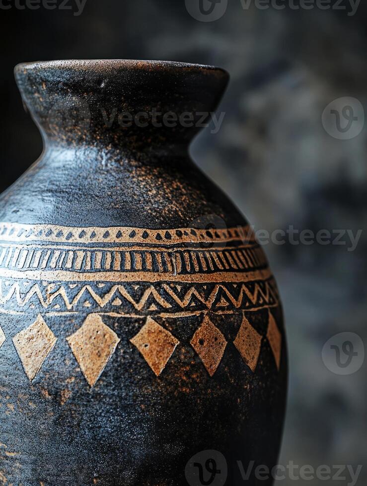 Mocha mousse colored ceramic vase with engraved rhombus pattern photo