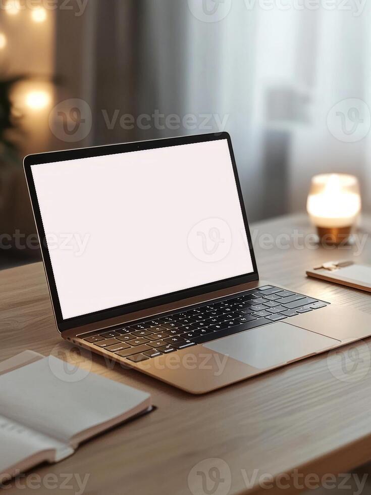 Modern laptop showing blank screen on wooden desk in cozy home office photo