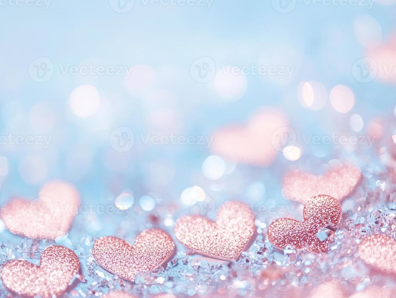 Valentine's day background featuring sparkling red hearts and blue bokeh effect photo