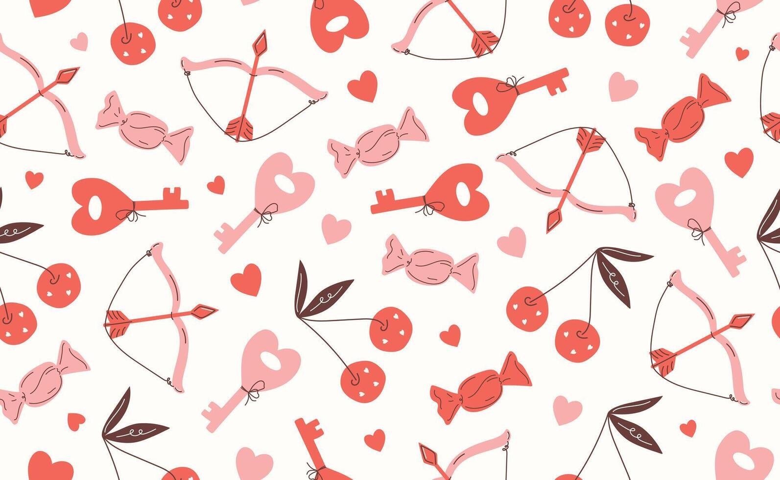 Valentine's day seamless pattern. Hand drawn groovy cartoon sticker elements. 14 February coquette collection with heart, cherry. Funky Saint Valentine design in flat style. Isolated illustration vector
