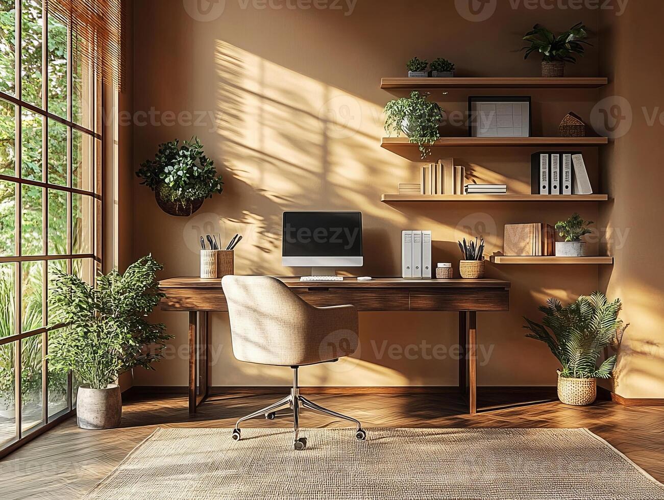 Modern, cozy and elegant home office with mocha mousse colored walls and lush greenery photo
