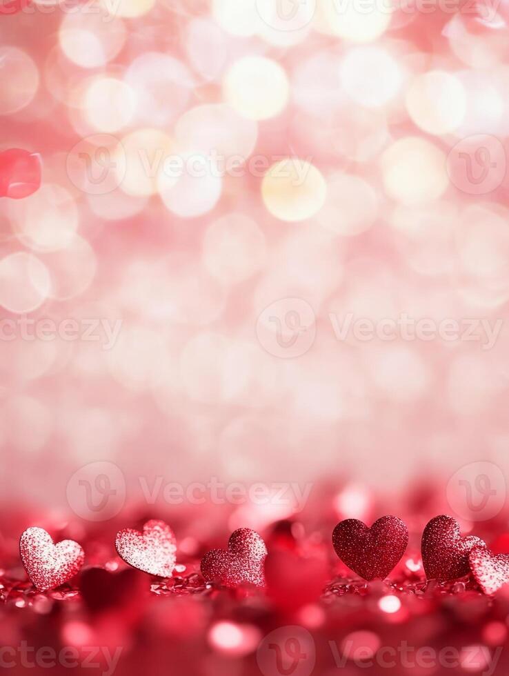 Valentine's day background featuring sparkling red hearts and pink bokeh effect photo