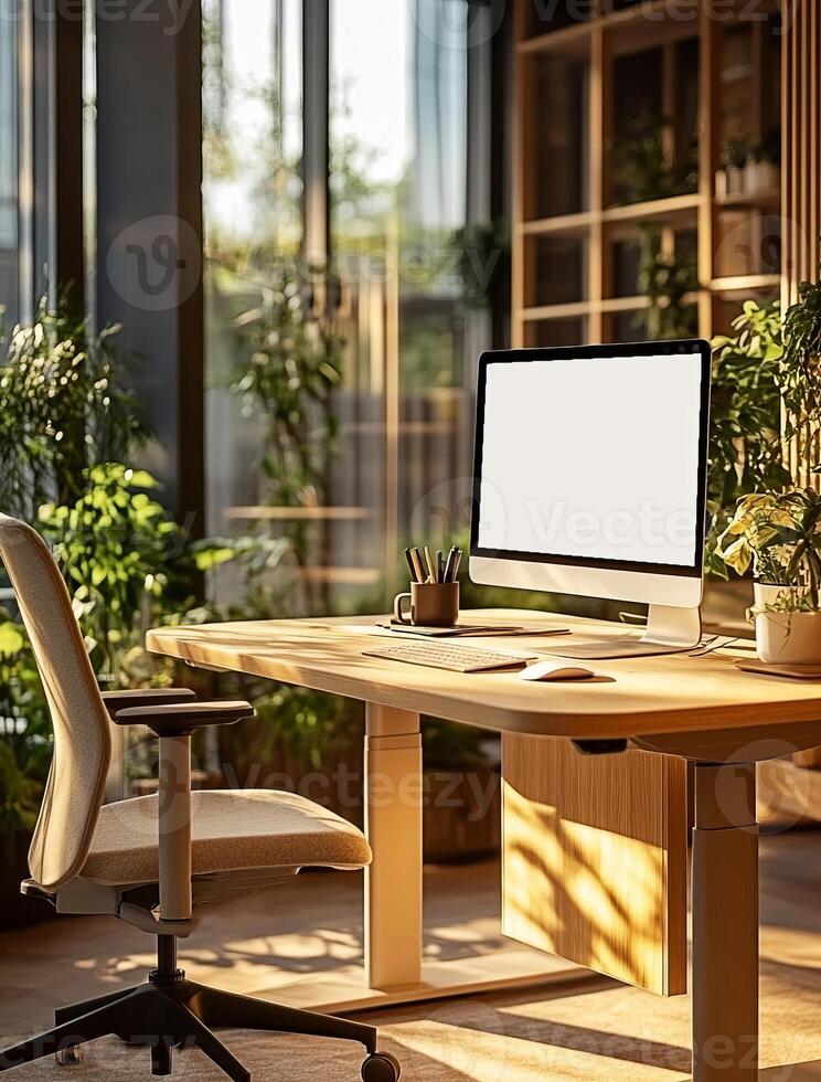 Modern office desk with blank screen computer monitor in room with plants photo