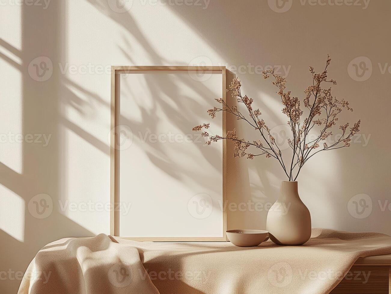 Sunlight illuminating empty podium, vase and teacup in room photo